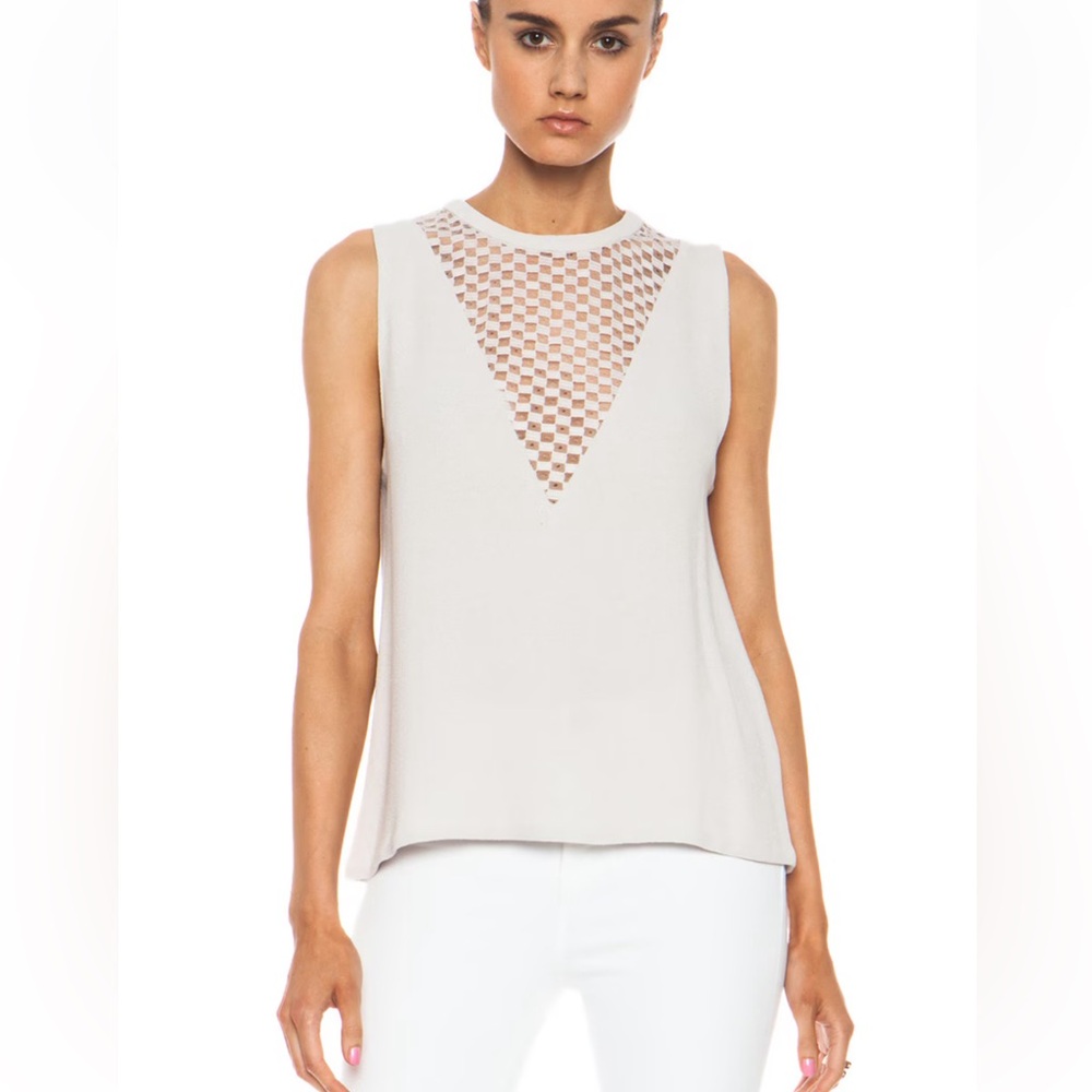 A.L.C. Sleeveless Cream Knit Top with Geometric Mesh Inset